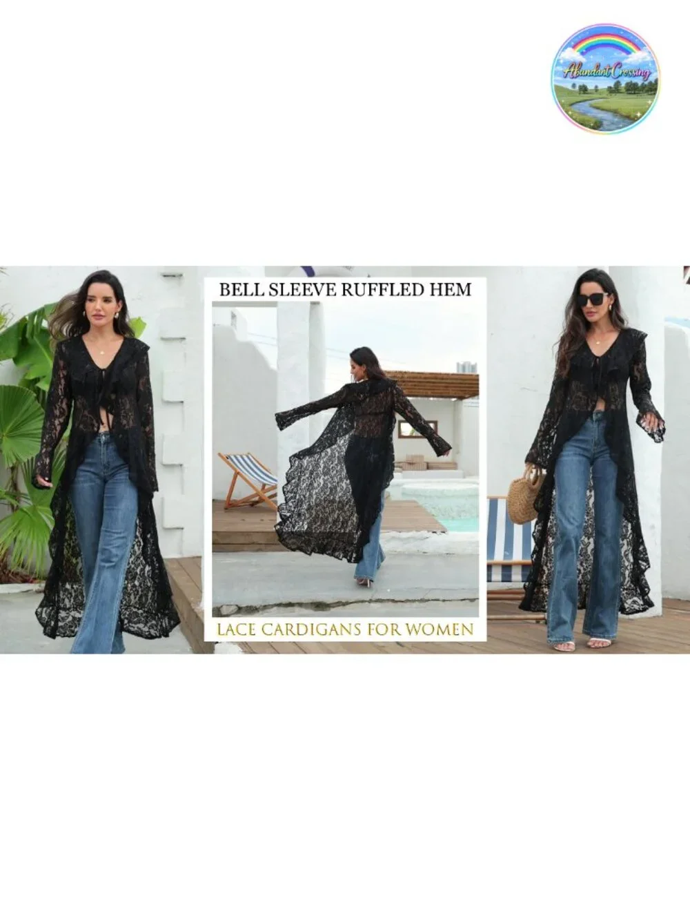 Lace Maxi Cardigan Open Front Tie Bell Sleeve Ruffled Duster Cover Up